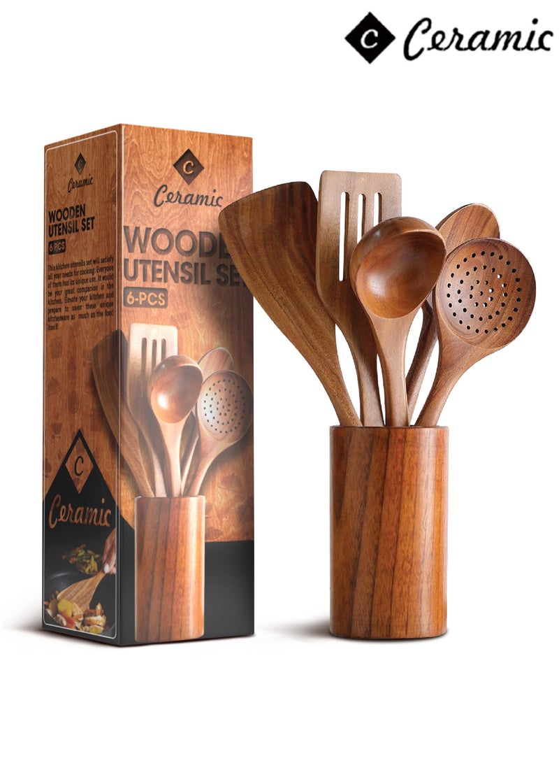 CERAMIC Wooden Kitchen Cooking Utensils 6 PCS Teak Wooden Spoons and Spatula for Cooking Sleek and Non-stick Cookware - Image 1